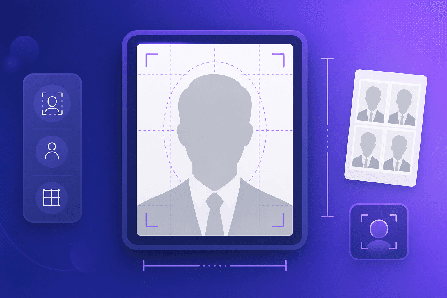 Illustration of a passport photo with crop guides and size markers